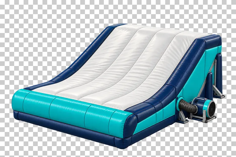 A navy, teal and white inflatable landing airbag with sewn panels and a connected side blower.