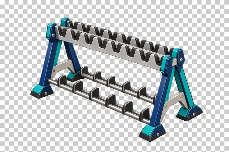 An empty two-sided ski rack with narrow paired slots, lower support rails and navy A-frame ends.