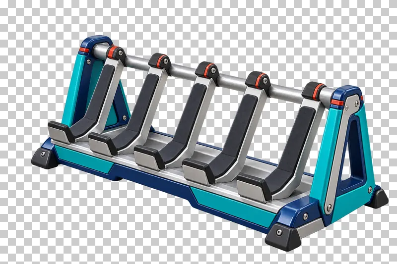 An empty snowboard rack with five broad angled padded cradles, retaining lips and a navy support frame.