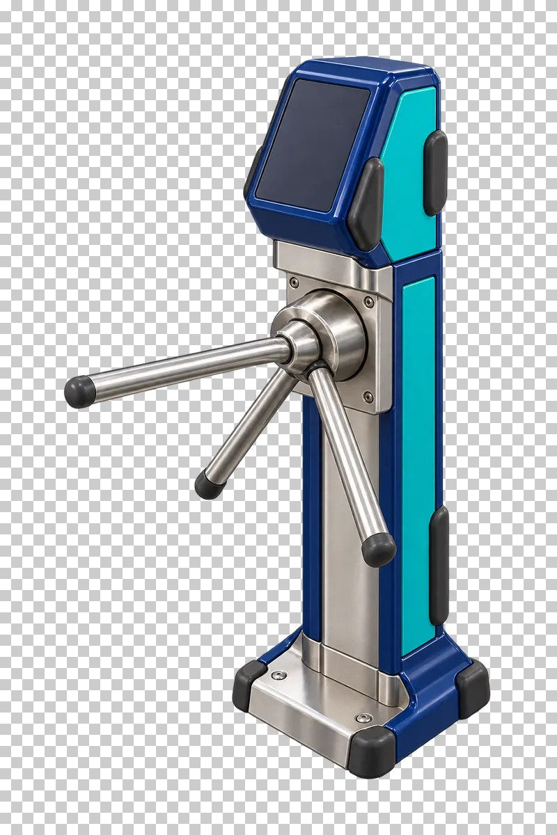 A navy and teal lift-access turnstile with a blank reader panel, three silver rotating arms and a stable base.