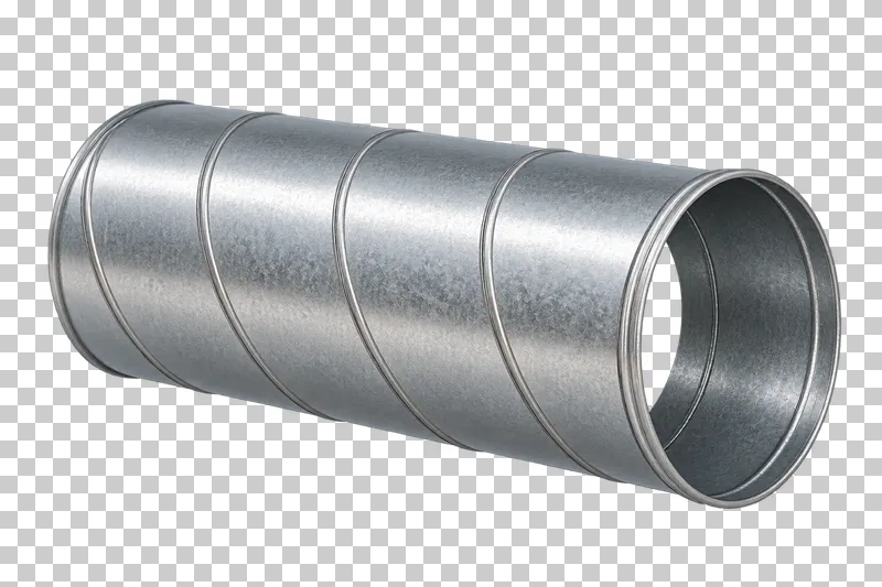 Spiral-seamed circular galvanized duct section.