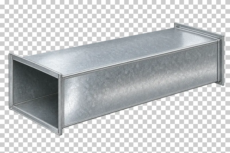 Rectangular galvanized duct section.