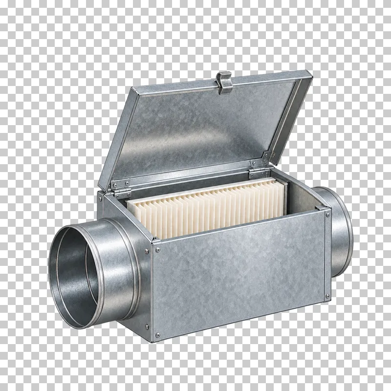 Inline ventilation filter box with open service lid.