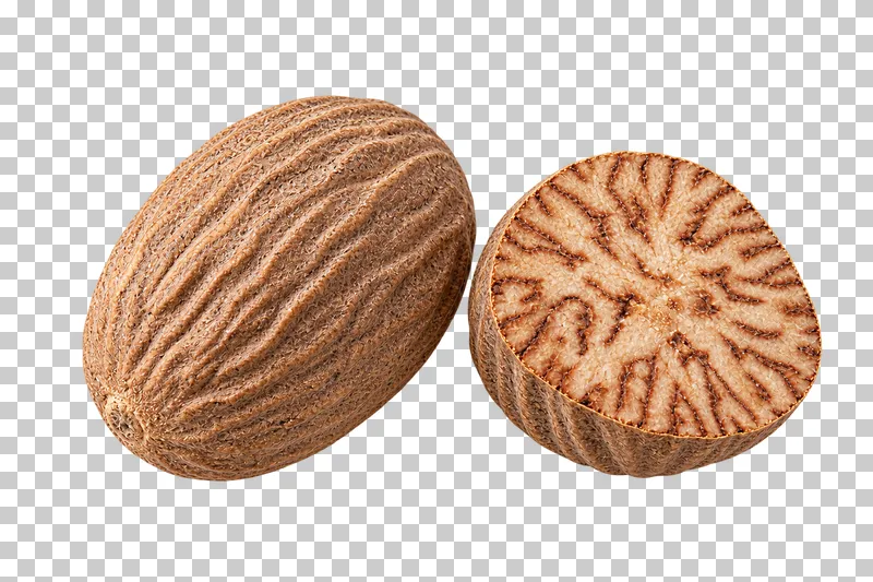 Whole and halved nutmeg with natural dry texture, isolated on a transparent background.