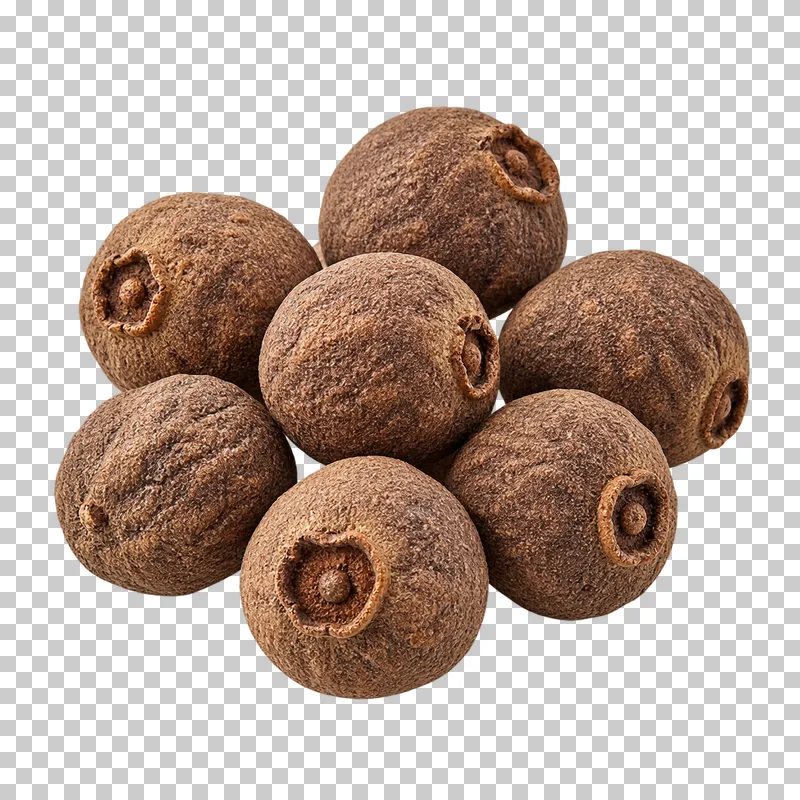 Whole allspice berries with natural dry texture, isolated on a transparent background.