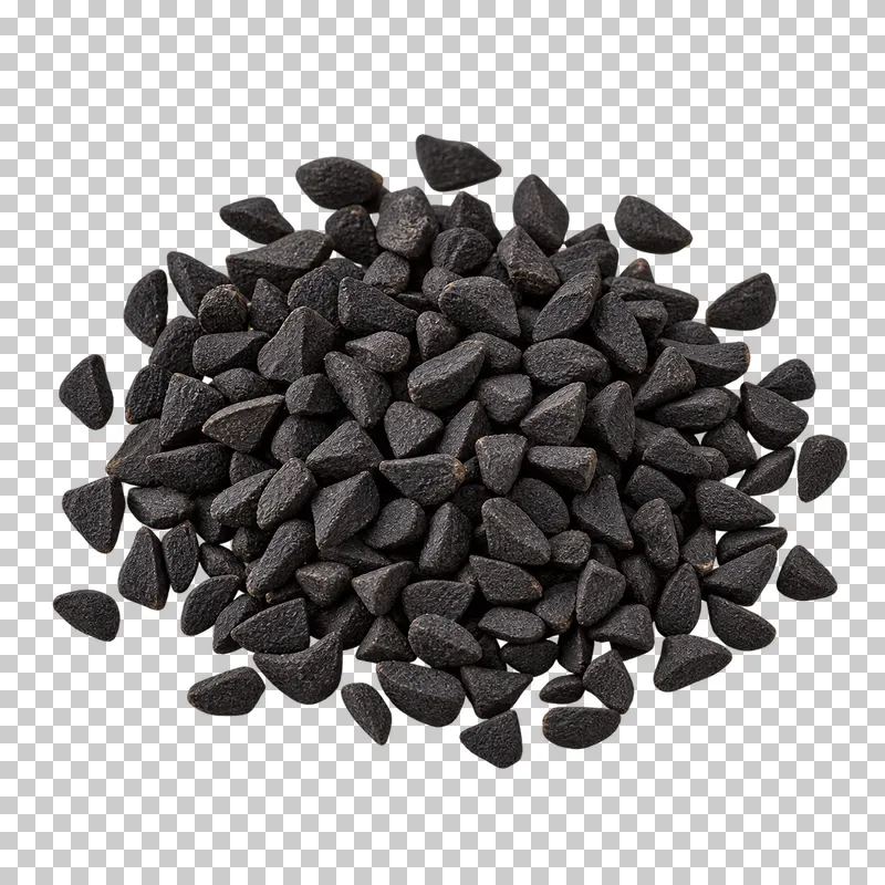 Nigella seeds with natural dry texture, isolated on a transparent background.