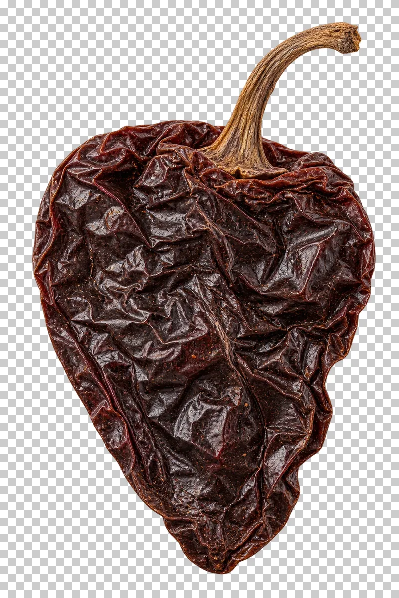 Whole dried ancho chile with natural dry texture, isolated on a transparent background.