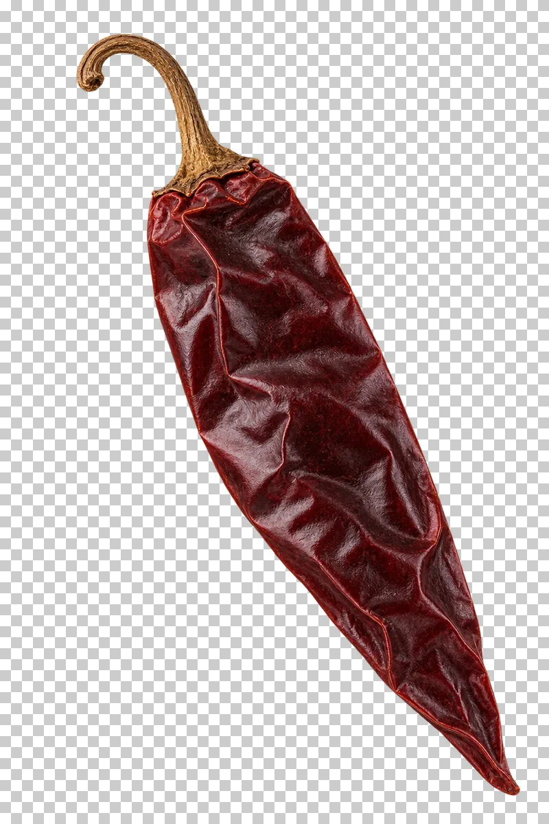 Whole dried guajillo chile with natural dry texture, isolated on a transparent background.