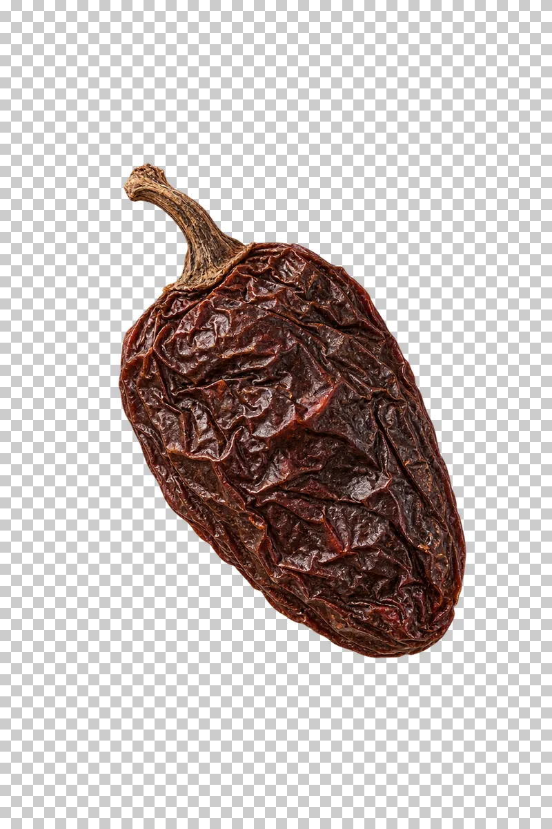 Whole smoke-dried chipotle chile with natural dry texture, isolated on a transparent background.