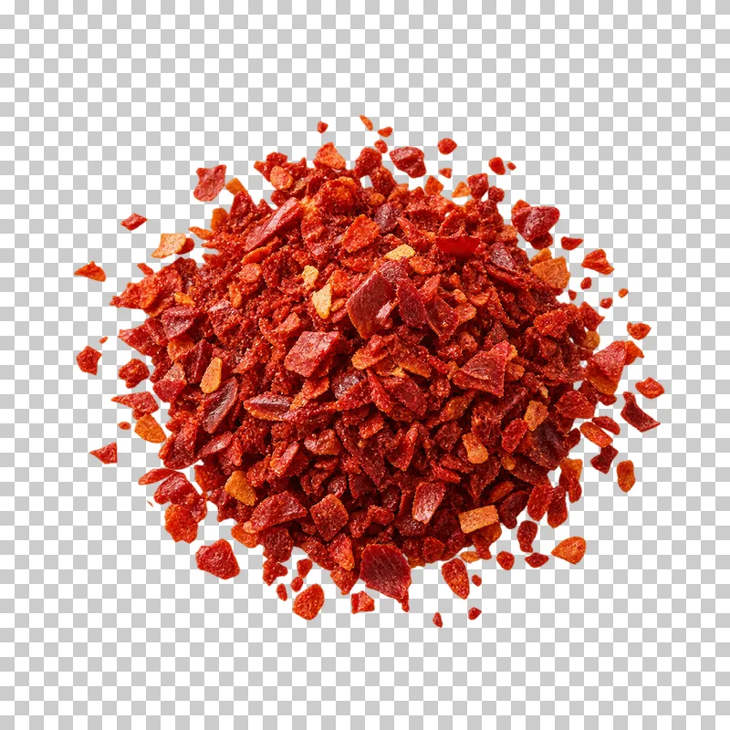 Gochugaru chile flakes with natural dry texture, isolated on a transparent background.