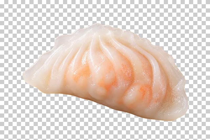 A crescent har gow with fine pleats and pink shrimp visible beneath a translucent starch wrapper.