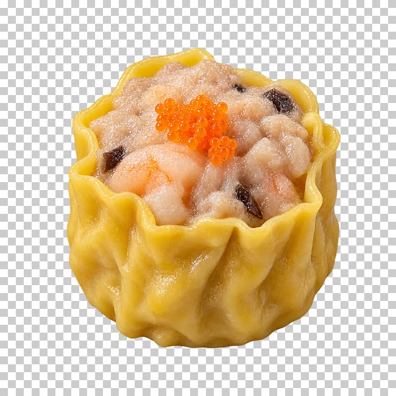 An open-topped siu mai with a yellow egg wrapper, pork-shrimp filling and orange roe.