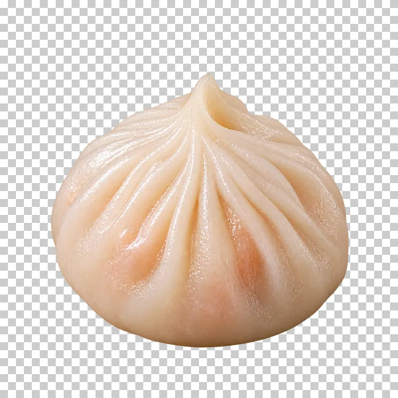 A round xiao long bao soup dumpling with a gathered pleated top and weighted lower pouch.