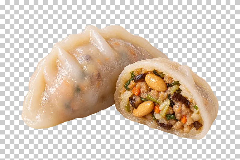 A whole half-moon fun guo and a cut half exposing peanuts, mushroom, vegetables and savory filling.
