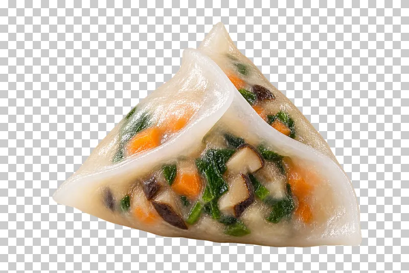 An angular crystal dumpling with overlapping translucent folds enclosing mushroom, carrot and greens.