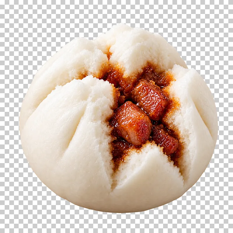 A fluffy white steamed char siu bao with a split top exposing red-brown pork filling.