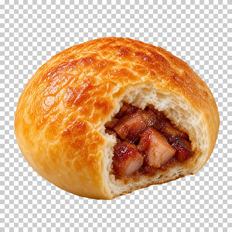 A glossy golden baked pork bun with a cutaway showing bread crumb and barbecue pork.