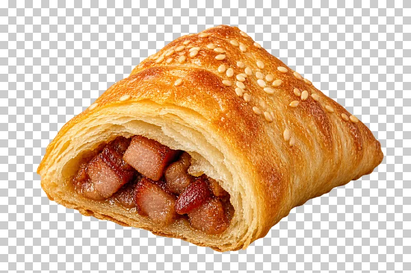 A triangular laminated pork puff with a cut end, flaky layers and attached sesame seeds.