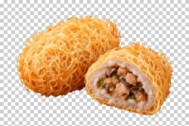 A whole fried taro puff and a cut half with lacy crust, pale taro and savory filling.