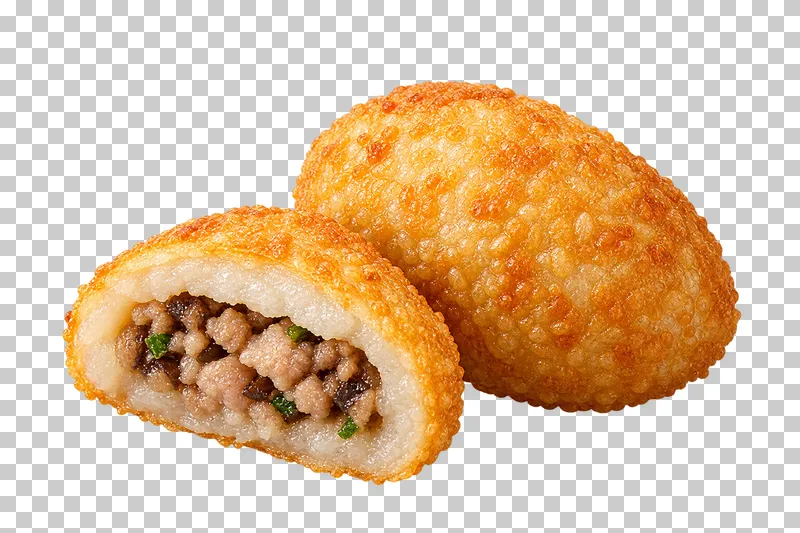 A whole fried sticky-rice dumpling and a half exposing thick chewy shell and pork filling.