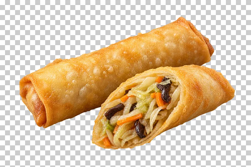 A whole crisp spring roll and a diagonal half showing cabbage, carrot and mushroom.