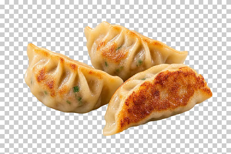 Three pleated pork potstickers, including one turned to show its browned base.