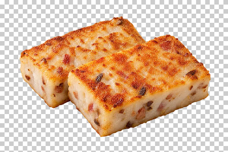 Two rectangular turnip-cake slabs with pale flecked interiors and browned broad faces.