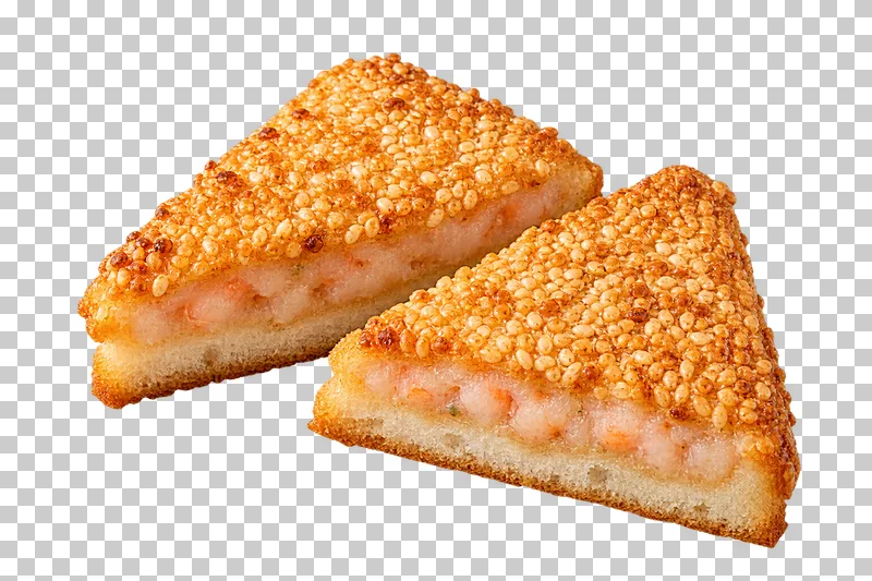 Two triangular shrimp toasts with visible bread, shrimp-paste and toasted sesame layers.