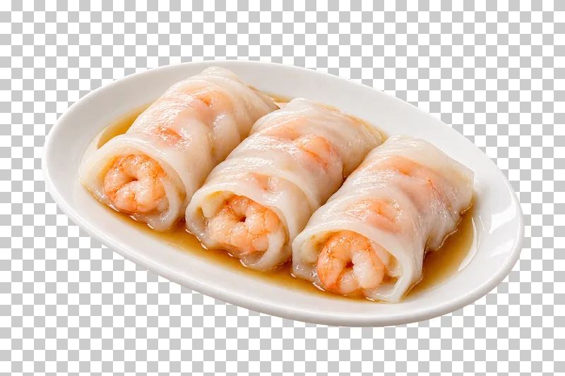 Three translucent shrimp rice-noodle rolls with light sauce on one plain white oval plate.