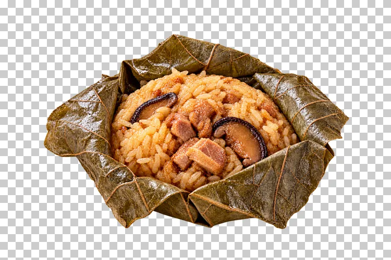 An opened lotus-leaf parcel surrounding cooked sticky rice with mushroom and savory meat.