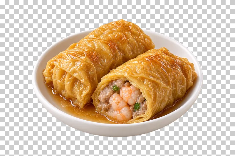 Two wrinkled bean-curd-skin rolls with a pork-shrimp cut end and light sauce in a white dish.