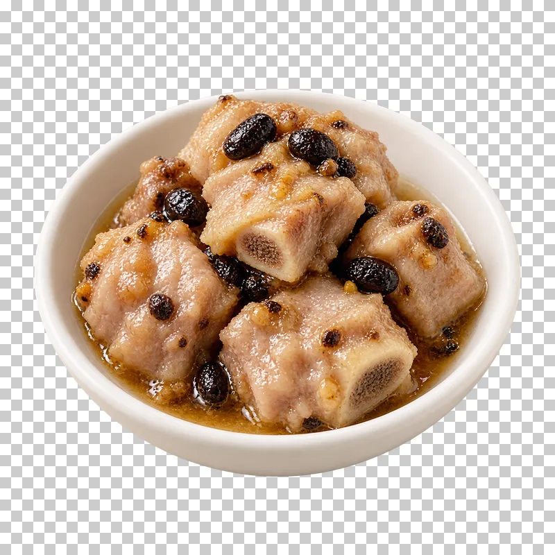 Short cooked bone-in pork rib segments with black beans and light glossy sauce in a white bowl.