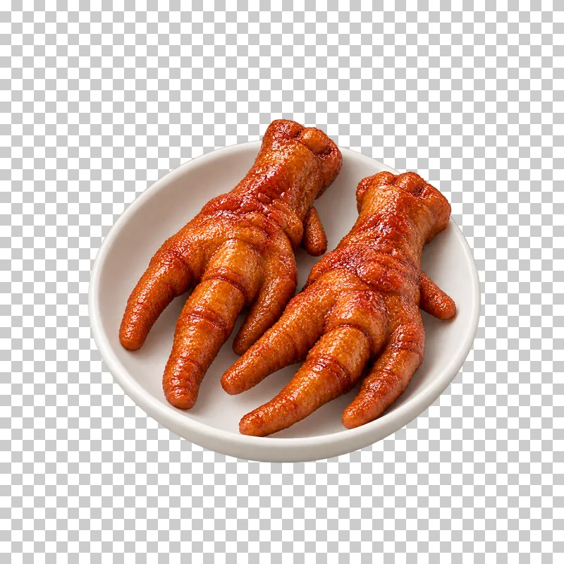 Two complete braised chicken feet with wrinkled red-brown skin in a shallow white bowl.
