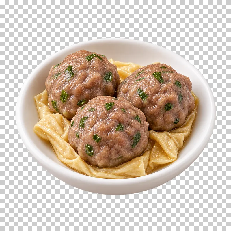 Three steamed beef balls with green flecks on folded tofu skin in a white dish.