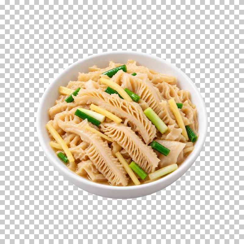 Pale layered omasum tripe strips with ginger and scallion in a shallow white bowl.