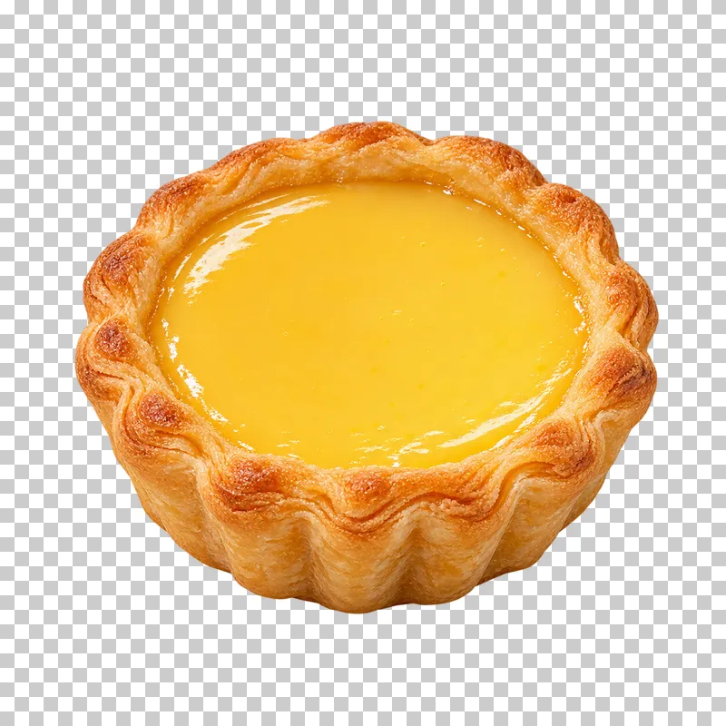 A fluted golden egg-custard tart with a smooth glossy yellow filling.