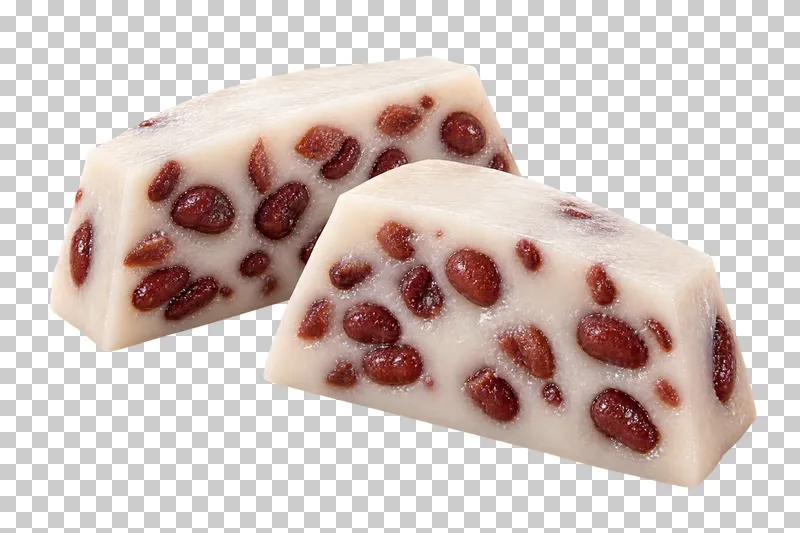Two moist off-white coconut-pudding slices with embedded whole red beans.