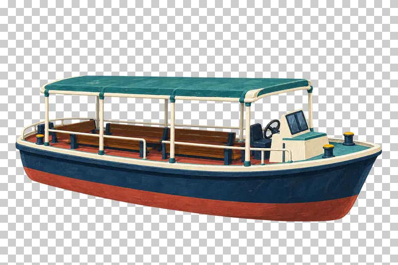 A navy water taxi launch with a teal open-sided canopy, empty wooden benches and a compact forward helm.
