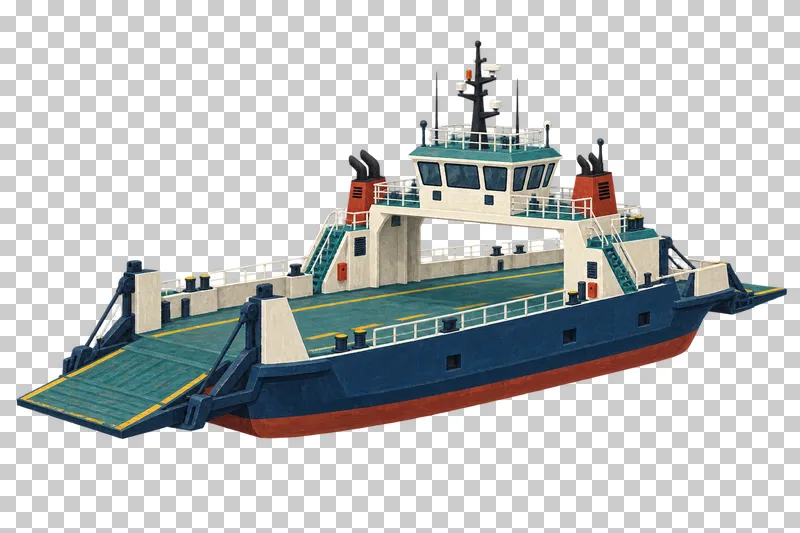 A broad double-ended car ferry with an empty open vehicle deck, high bridge and two attached loading ramps.