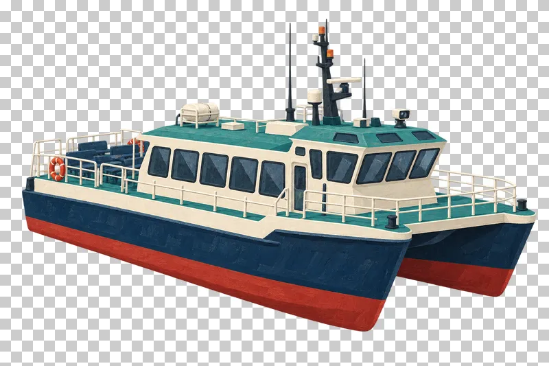 A teal and ivory passenger catamaran with two navy hulls, a transparent gap between them and an open aft boarding area.