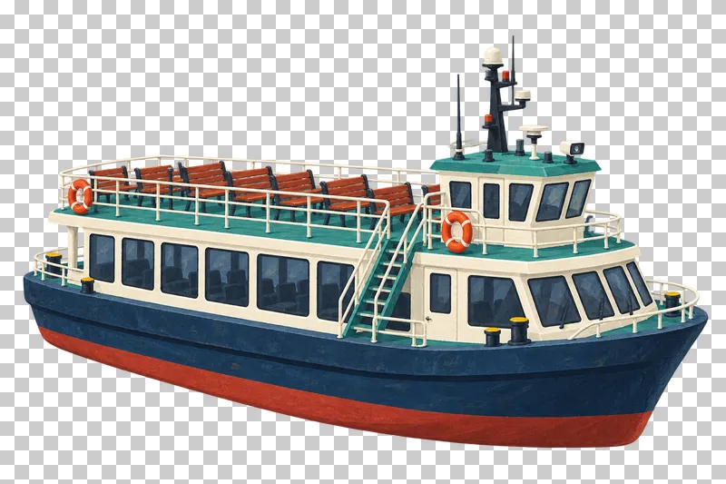 A navy sightseeing boat with a glazed lower saloon, open upper observation deck, bench seats and connected exterior stairs.