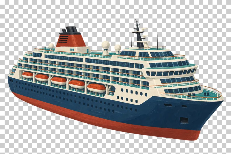 A navy and ivory cruise ship with tiered balcony decks, mounted orange lifeboats and a brick-red funnel.