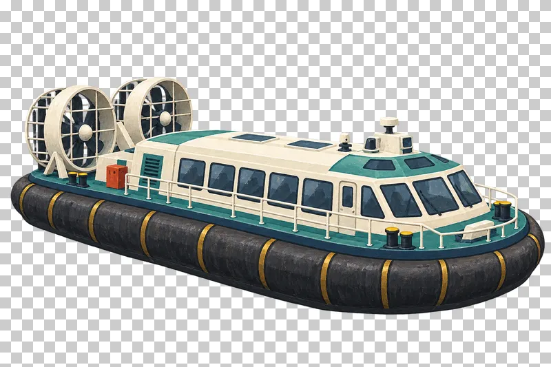 An ivory passenger hovercraft on a segmented charcoal skirt with two complete guarded aft fan ducts.