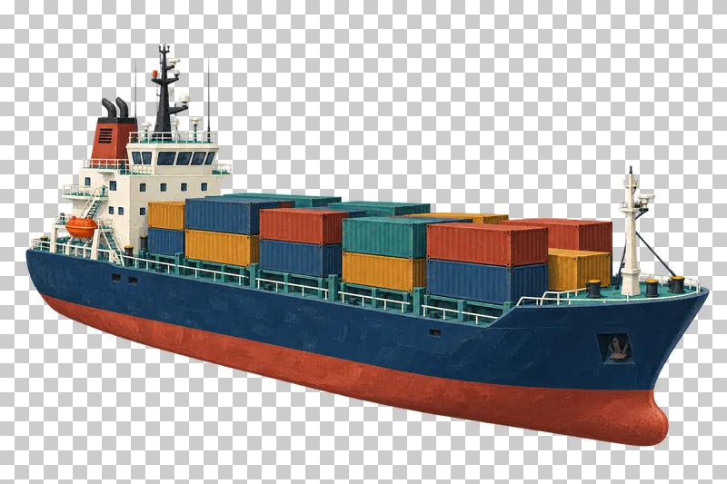 A navy container ship carrying orderly teal, brick, ochre and blue container stacks with its bridge aft.