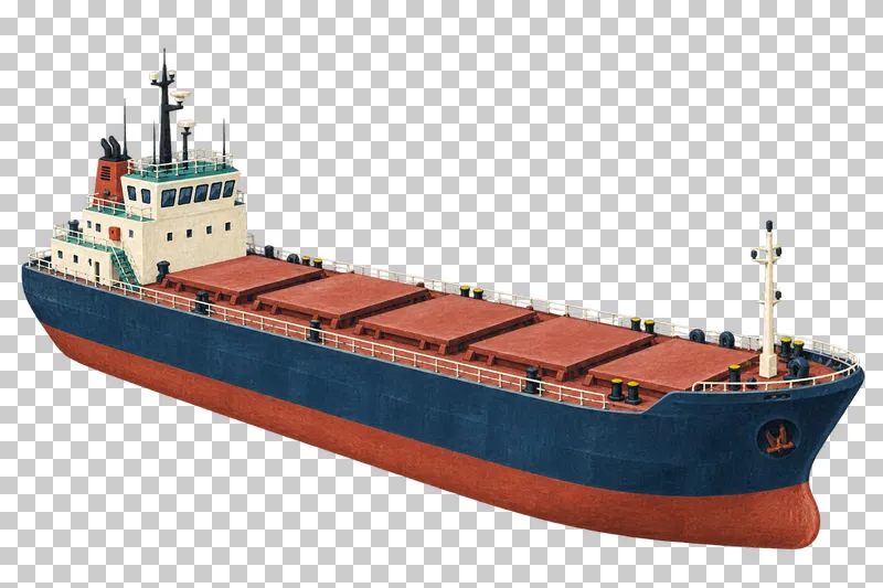 A long navy dry bulk carrier with five low brick-red hatch covers, clear deck walkways and aft accommodation.