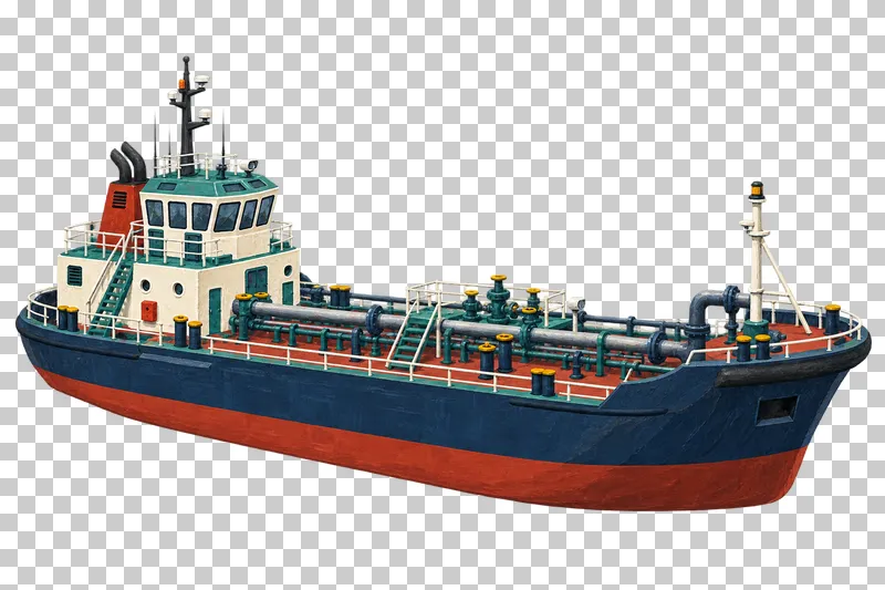 A navy product tanker with supported longitudinal cargo pipes, a central valve manifold and aft wheelhouse.