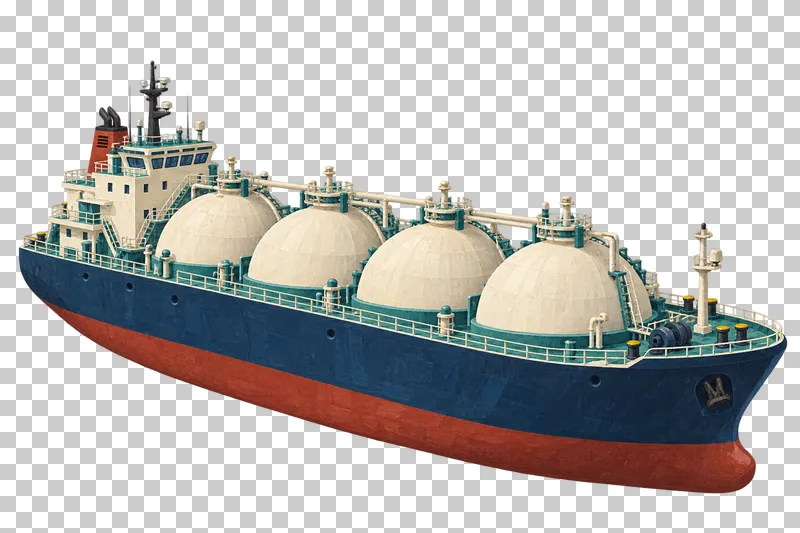 A navy LNG carrier with four pale spherical tank covers integrated into teal deck collars and an aft bridge.
