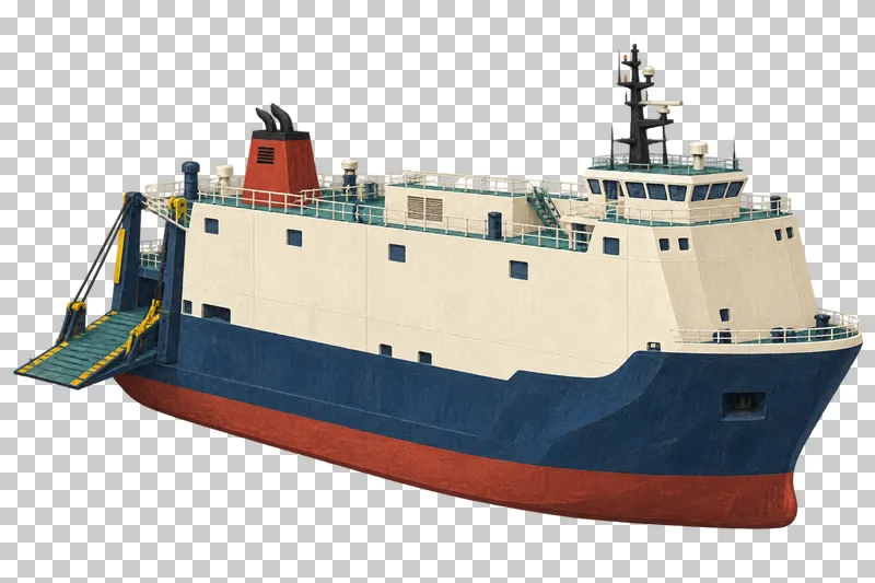 A tall enclosed ivory and navy vehicle carrier with small bridge windows and an attached stern loading ramp.
