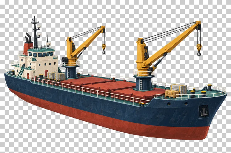 A navy general cargo ship with two mounted ochre deck cranes, covered holds and small secured pallet loads.