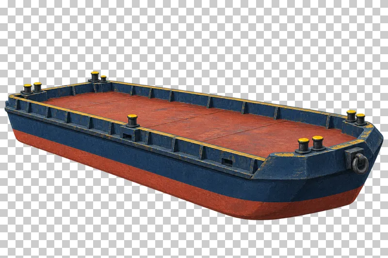 An empty unpowered navy cargo barge with a broad brick-red flat deck, low coaming, bollards and towing ring.